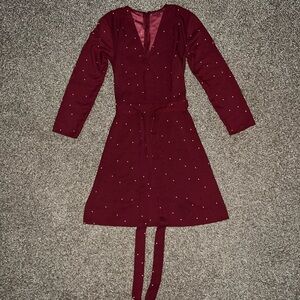 Elegant Vintage OG Burgundy White Black Dots Long Sleeve Pajama Dress